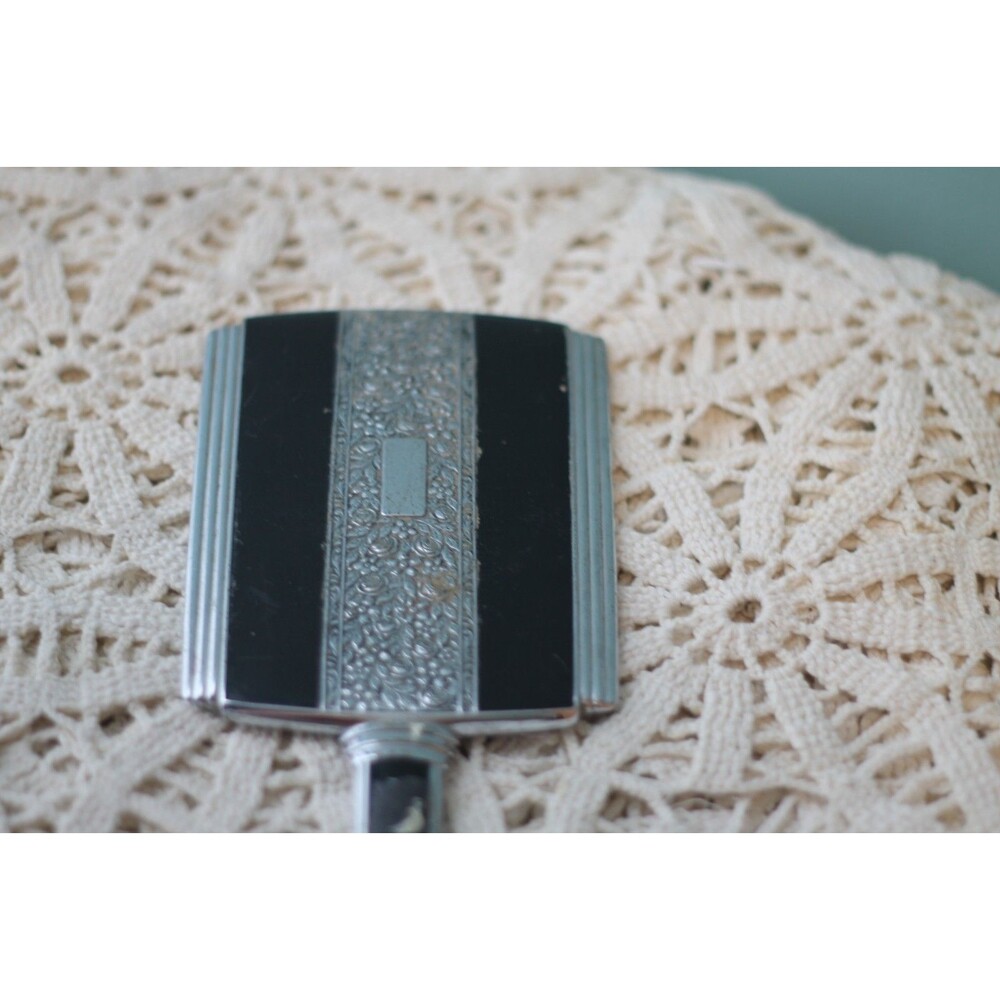 Handheld Black And Sliver Art Deco Vintage Mirror